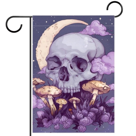 Welcome Aesthetic Skull Mushroom Moon Plant Purple Garden Flag, Vertical Double Sided Small House Flag, Yard Farmhouse Outdoor Deck Veranda Lawn Decor 28x40 Inch