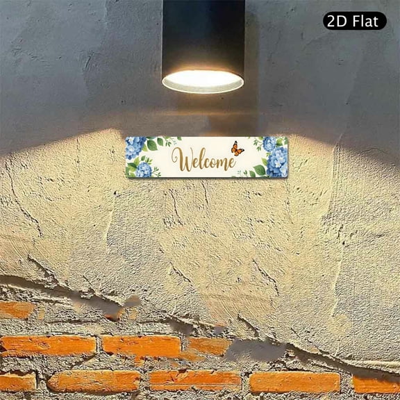 Welcome Aluminum Sign 4x16 Inch, Elegant Cursive Gold Text Floral Hydrangea Metal Wall Art with Butterfly Decor, Decorative Hanging Plaque for Home Entryway 1pc