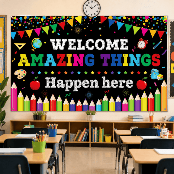 Welcome Amazing Things Happen Here Classroom Banner, Colorful Back to School Wall Decor for Kindergarten, Preschool, Elementary and Middle School