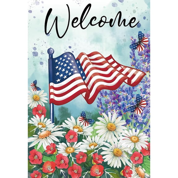 Welcome American Patriotic Daisy Blooms Butterfly Decoration Memorial Day Spring Summer House Flag USA Independence Day July 4th Outdoor Yard Banner 28" x 40"