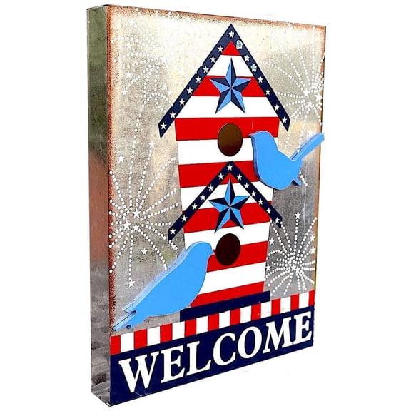 Welcome Americana Birdhouse Sign Rustic Metal Wall Art Red Blue & White Patriotic Hanging Decor (16" x12")