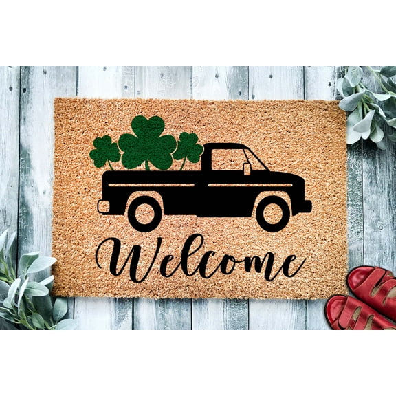 Welcome Antique Truck Shamrock Doormat | St. Patrick's Day Housewarming Gift | Farmhouse Doormat | Welcome Doormat | Front Door Mat
