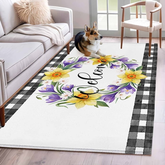 Welcome Area Rugs 3x5 ft Vintage Purple Yellow Floral Wreath Black Plaid Border Washable Rug Non Slip Indoor Carpet Absorbent Floor Mat for Living Room Bedroom Dining Room