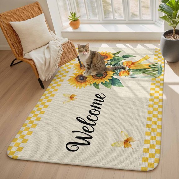 Welcome Area Rugs for Living Room 5x6, Sunflowers Daisy Butterfly Yellow Check Linen Texture Washable Area Rug with Non Slip Backing, Stain Resist Carpet for Bedroom, Dining Room, Entryway, Entrance