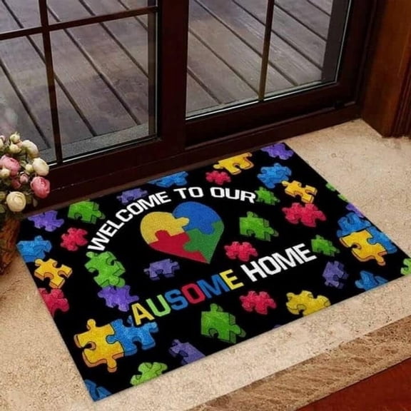 Welcome to Our Ausome Home Autism Awareness Mats for Front Door Entry Front Porch Doormat Non-Slip Carpet Rugs Floor Mat Decorative for Home Bathroom Kitchen Indoor 18x30 Inch