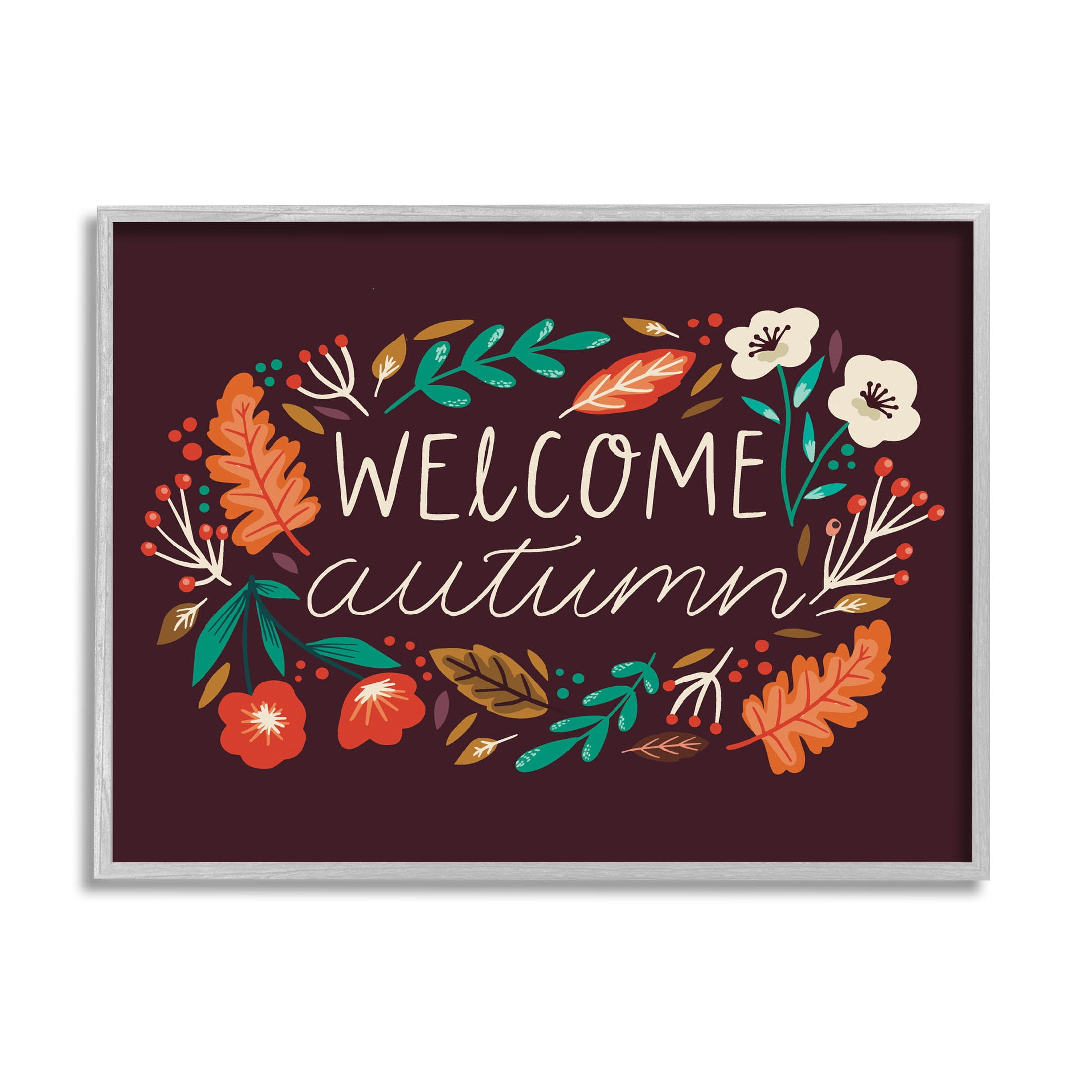 Welcome Autumn Fall Botanicals Holiday Graphic Art Gray Framed Art Print Wall Art