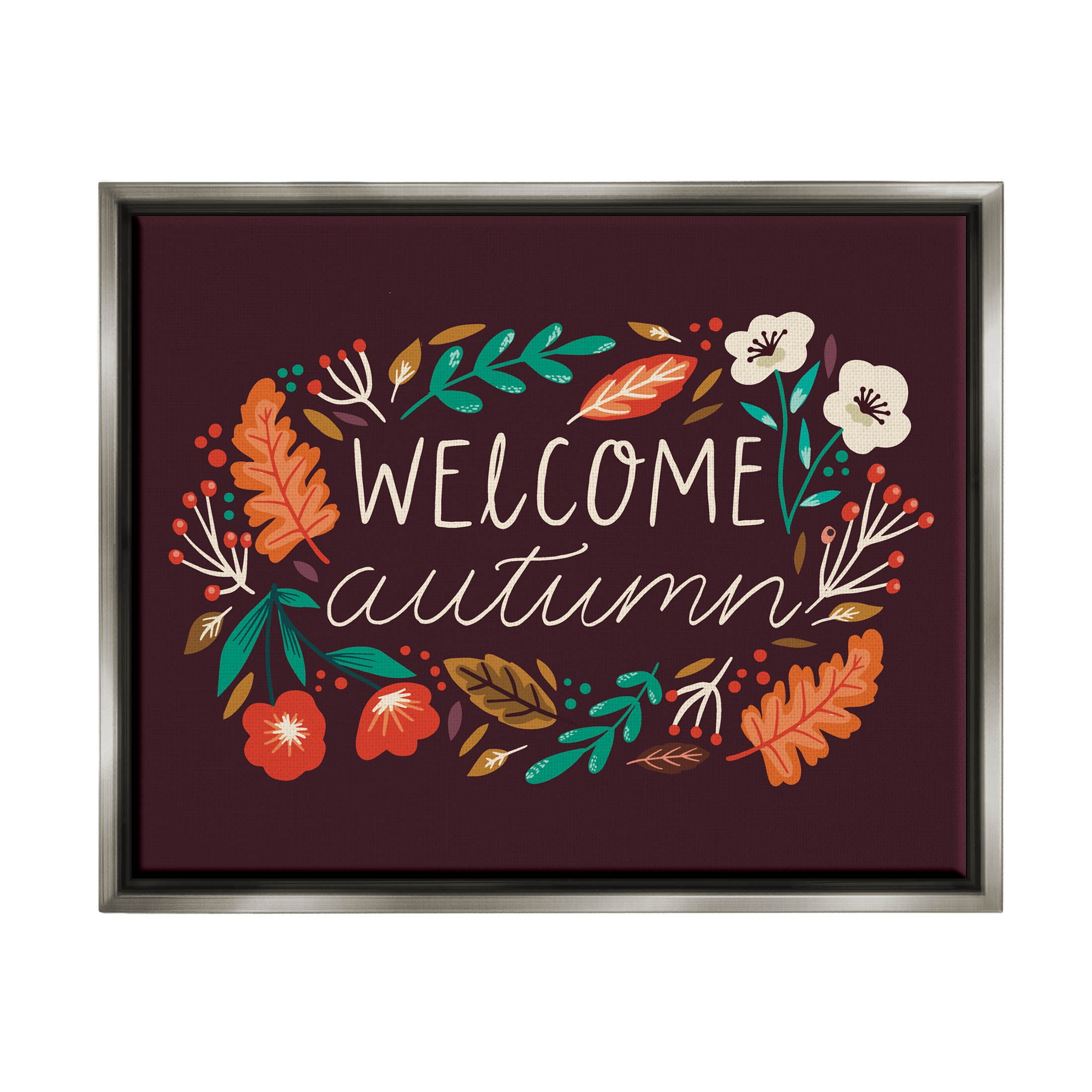 Welcome Autumn Fall Botanicals Holiday Graphic Art Luster Gray Framed Art Print Wall Art