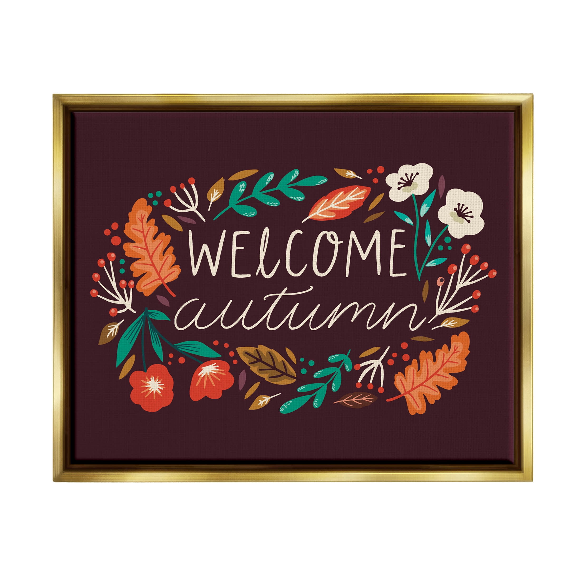 Welcome Autumn Fall Botanicals Holiday Graphic Art Metallic Gold Framed Art Print Wall Art