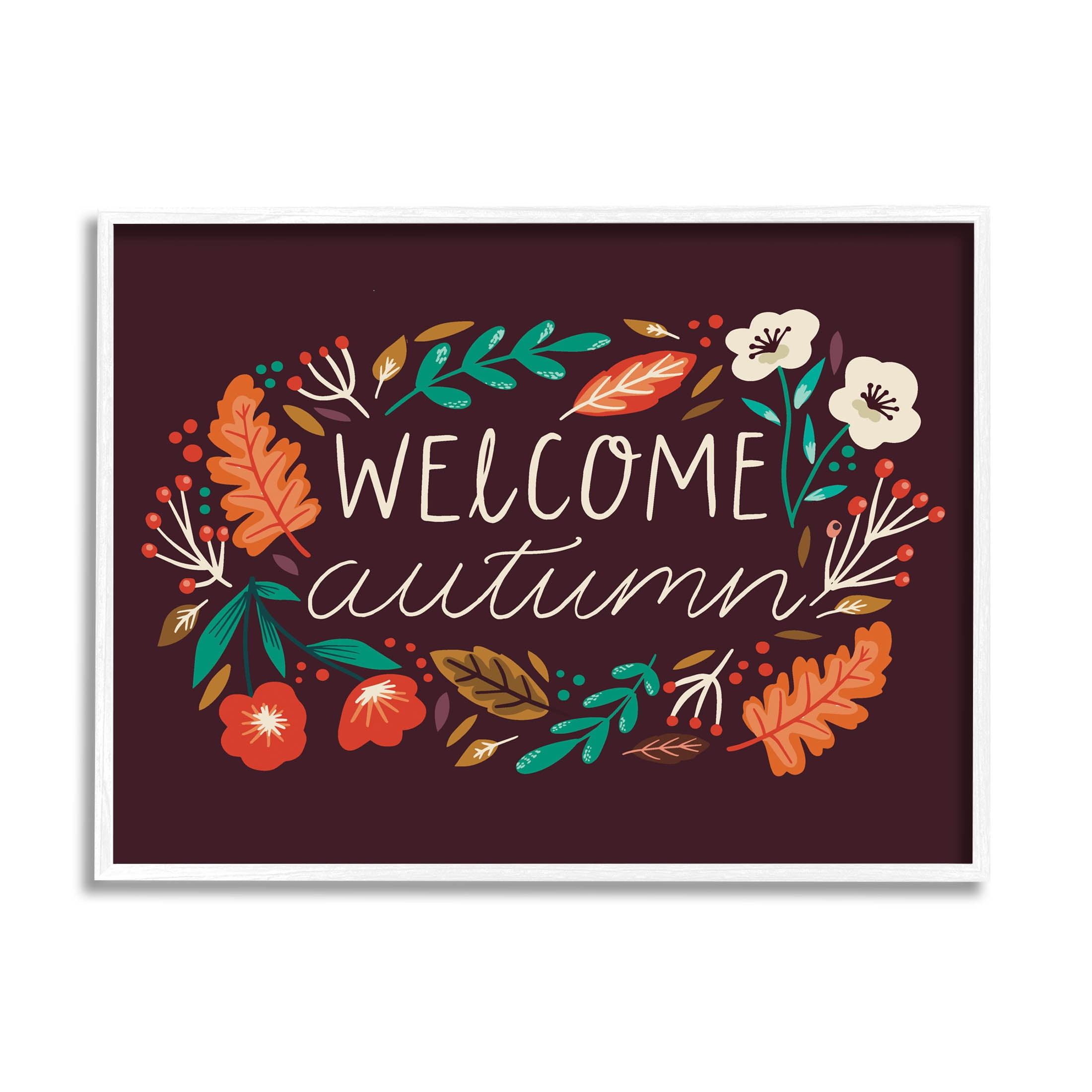 Welcome Autumn Fall Botanicals Holiday Graphic Art White Framed Art Print Wall Art