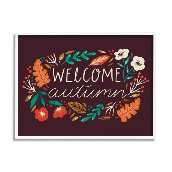 Welcome Autumn Fall Botanicals Holiday Graphic Art White Framed Art Print Wall Art