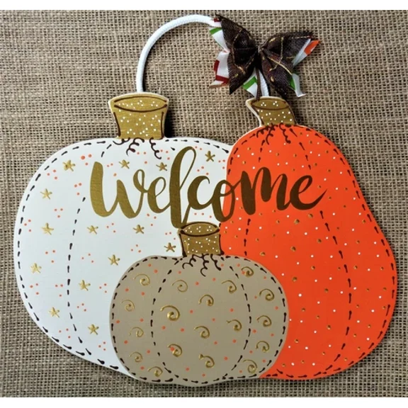 Welcome Autumn Fall Thanksgiving Sign Wall Art Door Hanger Plaque Wood Pumpkins