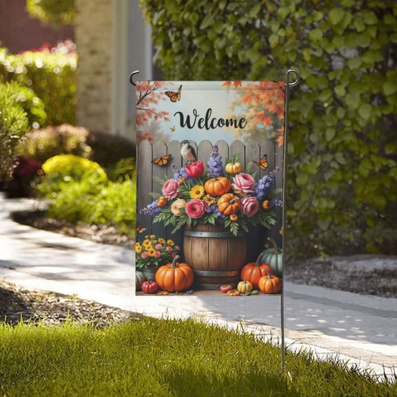 Welcome Autumn Garden Flag 12x18 Inch Double Sided Fall Flowers Pumpkins Bird Wooden Barrel Yard Flag Outdoor Decoration Small Farmhouse Yard Outdoor Decor Rustic Home Birthday Gift Holiday Gifts