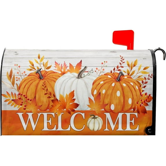 Welcome Autumn Orange Pumpkin Mailbox Cover - Magnetic Fallen Leaves Standard Size 18 X 21 - Fall Holiday Wrap Post Letter Box Decorative for Home Outdoor Garden