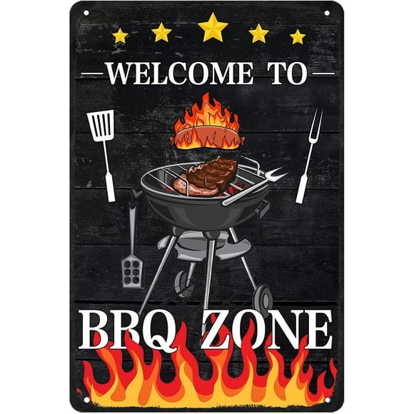 "Welcome to BBQ Zone" Vintage BBQ Metal Tin Sign, Grilling Signs Decor, for Outdoor Barbecue, Camping & More, Perfect as a Perfect for Gifting, 8x12 Inch