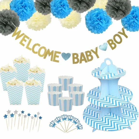 Welcome Baby Boy Birthday Party Paper Flower Decoration Cake Toppers Cupcake