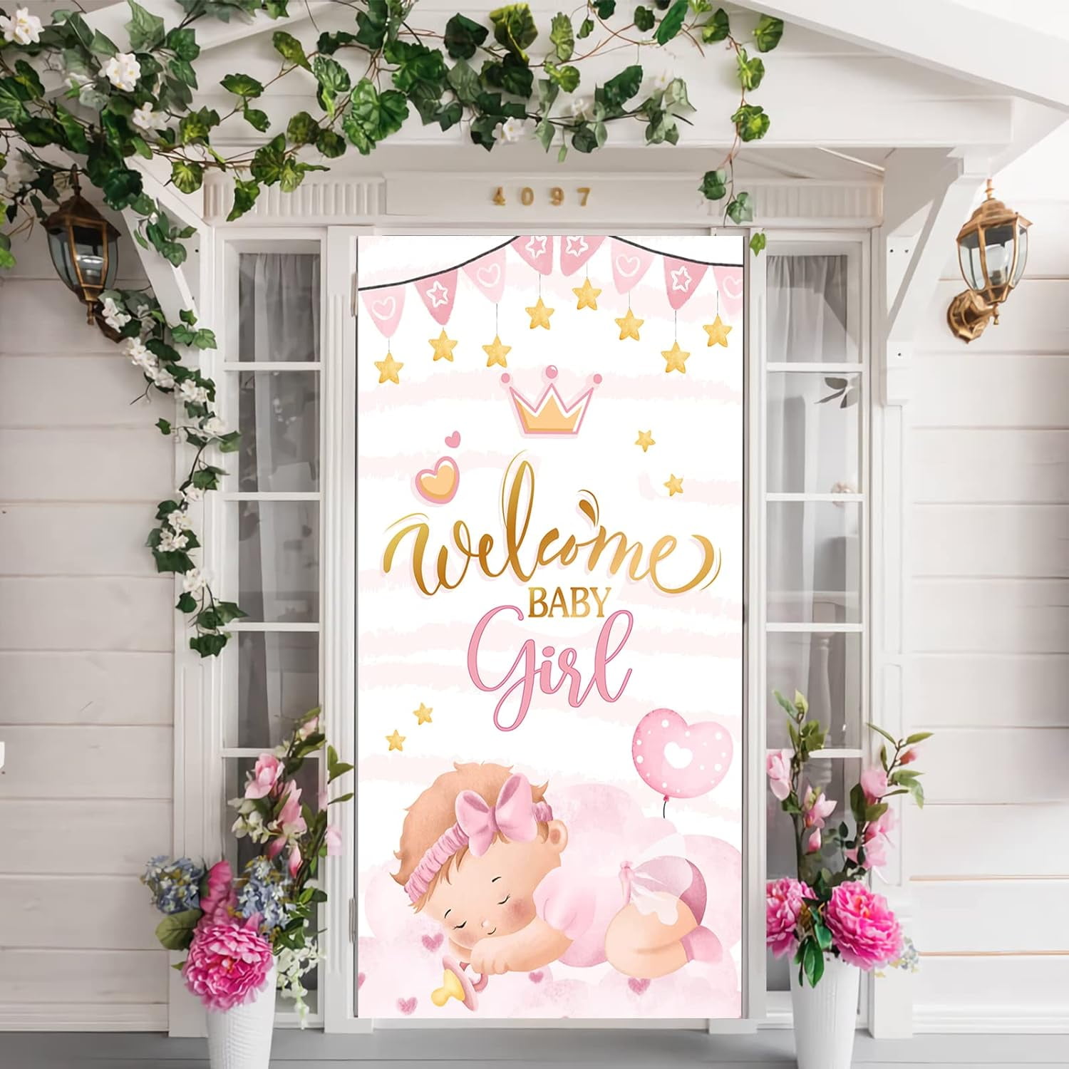 Gender Reveal Door Banner For Girls - Floral "Welcome Baby Girl" Door Cover For Baby Showers