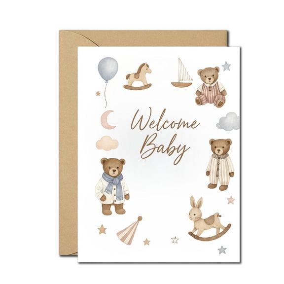 Welcome Baby Greeting Card Cute Teddy Bear & Soft Pastel Design Newborn Congratulations Card Blank Inside with Envelope