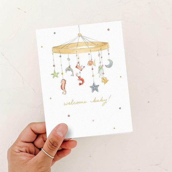 Welcome Baby Greeting Card, Watercolor Nautical Crib Mobile Design with Sea Creatures, Baby Shower or Newborn Celebration Stationery for New Parents