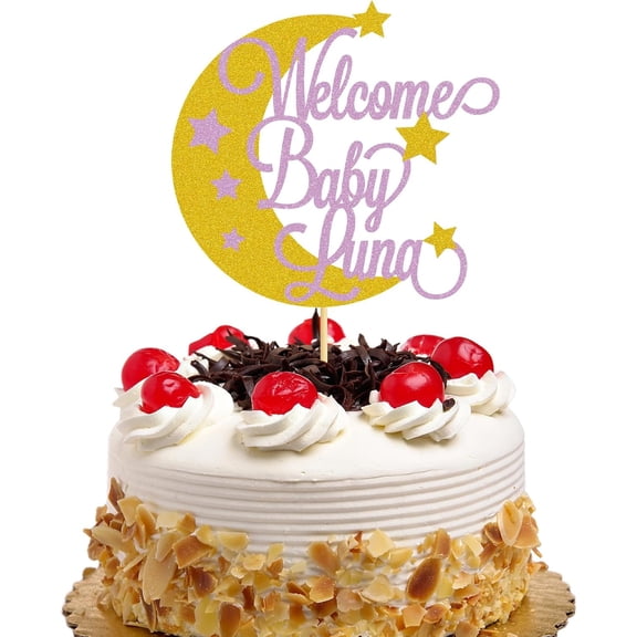 Welcome Baby Luna Cake Topper Glitter Moon & Star Baby Shower Handmade Cake Picks Pink & Gold Baby Gender Decorations Newborn Celebration Supplies - 1 Pcs