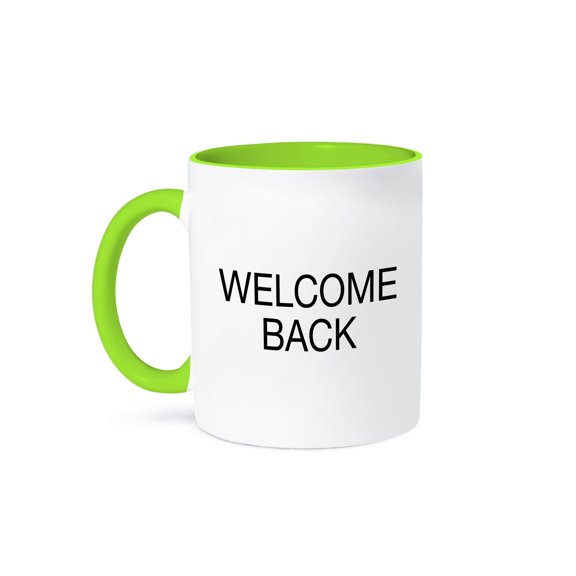 3drose, Welcome Back. Black Capital Lettering on White Background., 11oz Two-tone Green Mug