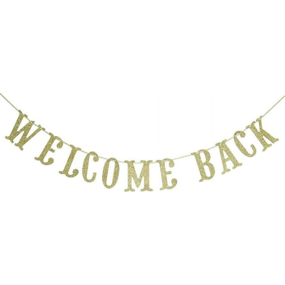 Welcome Back Gold Glitter Banner for Welcome Home, Homecoming Day, Back to School, Retiring from The Army, Home Party Decoration Supplies Cursive Bunting Photo Booth Props Sign