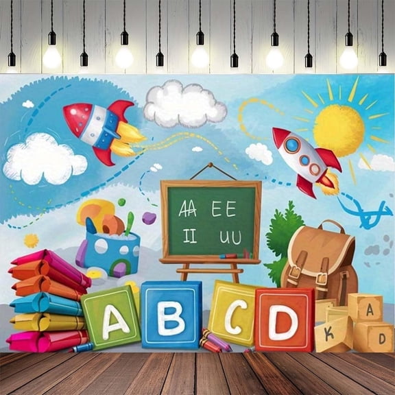 Welcome Back to School ABC Backdrop Globe Pencil Book Crayon Sun Clouds Blue First Day of School Background Welcome Back Classroom Party Decorations Banner Photo Booth Props