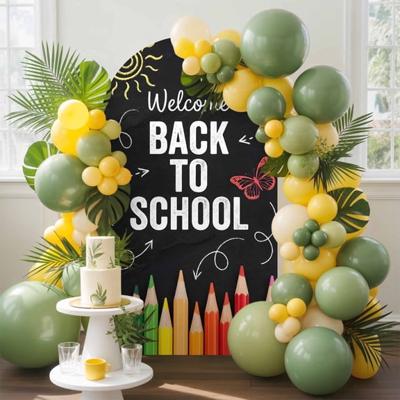 Welcome Back to School Arch Backdrop Cover, 4FT, Colorful Crayon Butterfly Sun Spandex Arch Covers Double-Sided Backdrop for Wedding Birthday Party Photo Background Decoration