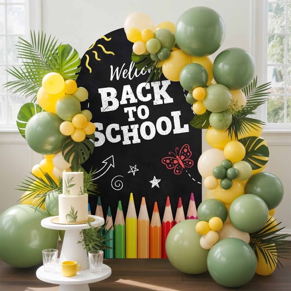 Welcome Back to School Arch Backdrop Cover, 4FT, Colorful Crayon Sun Butterfly Spandex Arch Covers Double-Sided Backdrop for Wedding Birthday Party Photo Background Decoration