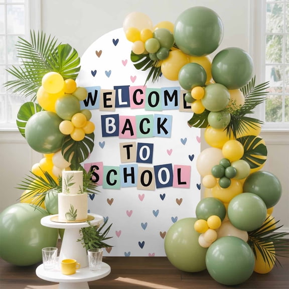 Welcome Back to School Arch Backdrop Cover, 4FT, Cute Blue Pink Brown Love Heart Spandex Arch Covers Double-Sided Backdrop for Wedding Birthday Party Photo Background Decoration