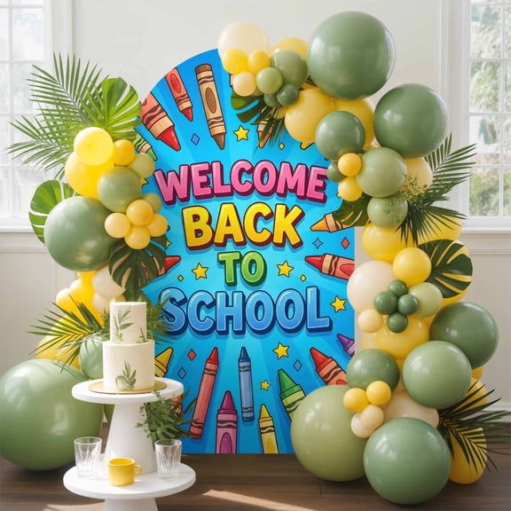 Welcome Back to School Arch Backdrop Cover, 4FT, S Crayon First Day of School Spandex Arch Covers Double-Sided Backdrop for Wedding Birthday Party Photo Background Decoration
