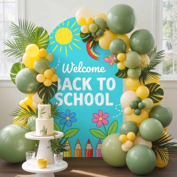 Welcome Back to School Arch Backdrop Cover, 4FT, Sun Clouds Flower Crayon Spandex Arch Covers Double-Sided Backdrop for Wedding Birthday Party Photo Background Decoration