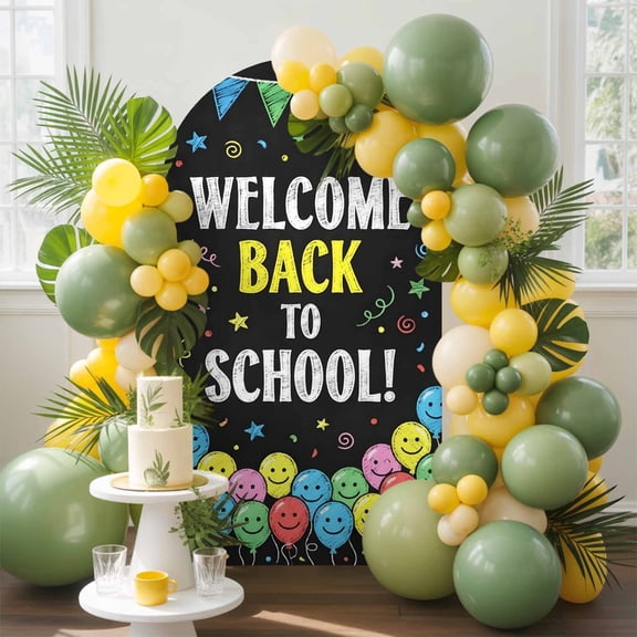 Welcome Back to School Arch Backdrop Cover, 5FT, Colorful Balloons Bunting Banner Spandex Arch Covers Double-Sided Backdrop for Wedding Birthday Party Photo Background Decoration