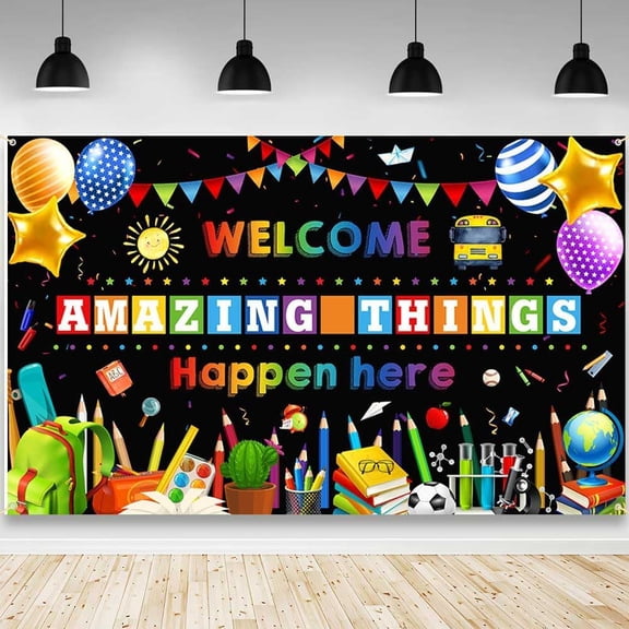 Welcome Back to School Backdrop Black Amazing Things Happen Here First Day of School Background Welcome Back Party Decorations Banner Photo Booth Props