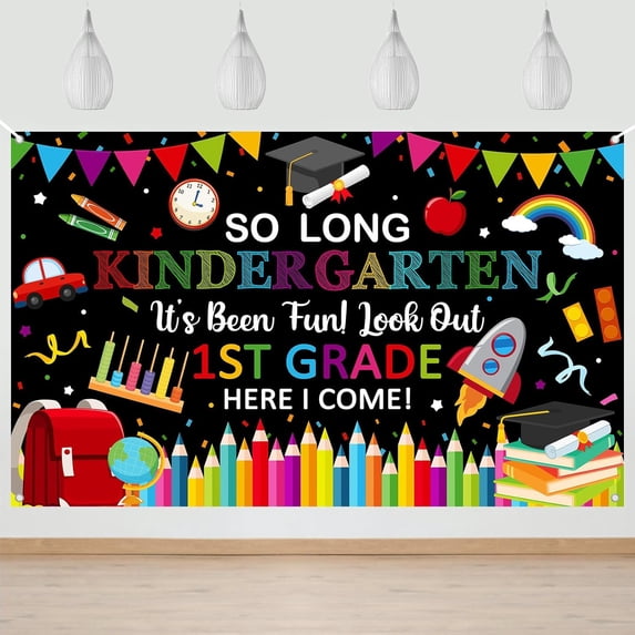 Welcome Back to School Backdrop Black So Long Kindergarten It's Been Fun Look Out 1st Grade Here I Come Background Kindergarten Classroom Party Decorations Banner Photo Booth Props