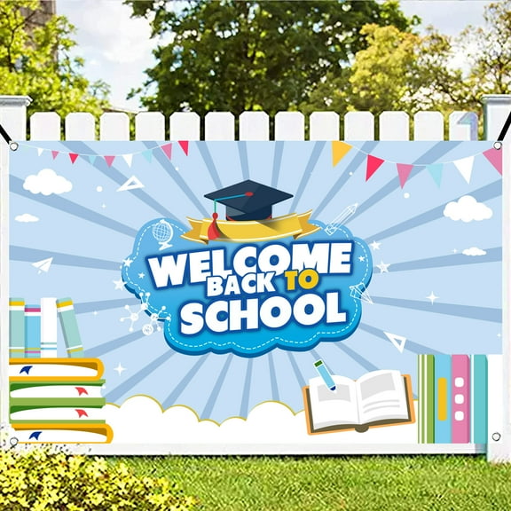 Welcome Back to School Backdrop First Day of Kindergarten White Blue Photography Backdrops Teacher and Students Party Decoration Banner Students Classroom Supplies Photo Background Booth