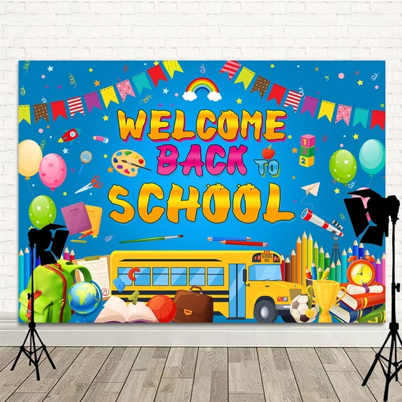 Welcome Back to School Backdrop, First Day of School Photography Background, Blue Back to School Hanging Banner Decorations Poster Bulletin Board for School Classroom Office Supplies 5x3ft