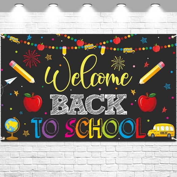 Welcome Back to School Banner Party Decorations Backdrop Black First Day of School Garland Pencil Apple Background for Classroom Teacher Office Home Decor Photo Backdrop Favors 5.9 x 3.6 ft