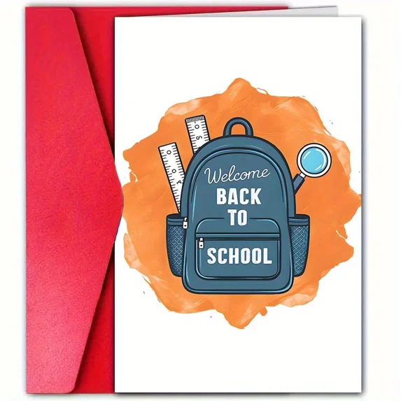 Welcome Back to School Card – Fun Backpack Design with Ruler and Magnifying Glass – Envelope Included, Blank Inside – Perfect for Students and Teachers