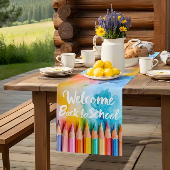 Welcome Back To School Colored Pencil Table Runner 13x36in Non-Slip Cotton Linen Table Runners, Watercolor Ombre Art Dresser Scarves TableRunner for Dinner Kitchen Dining Wedding Party