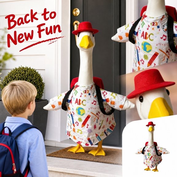 Welcome Back to School Decorations, 1St Day of School Decorations, Front Porch Decor, Goose Decor, 23X9 Inch Back to School Themed Pattern Outfit with Red Hat and Small Backpack