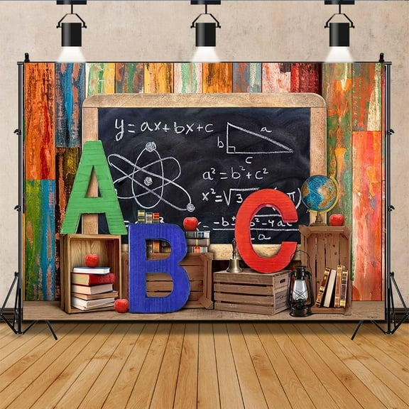 Welcome Back to School Photography Backdrop Black Chalkboard Globe Book Party Photo Background Wood Wall and ABC Banner Kindergarten Classroom Backdrop First Day of School Backdrops