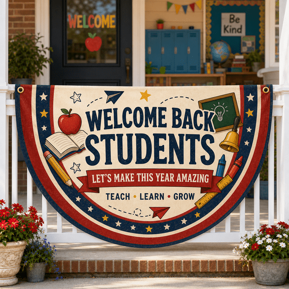 Welcome Back Students Teacher Banner Semi Circle Flag for Labor Day Classroom