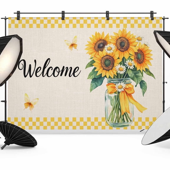 Welcome Backdrop for Photography, Sunflowers Daisy Butterfly Yellow Check Linen Texture Photo Backdrop Portrait Background Party Banner Photo Backgrounds for Studio Booth Props, 7x5ft