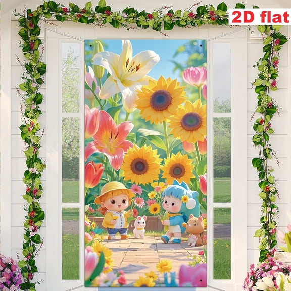Welcome Banner Decorations Spring Door Cover Porch Sign Colorful Flower Porch Sign Banner Spring Door Covers Decorative Outdoor Indoor Party Decorations 35.4 x 70.8 Inch