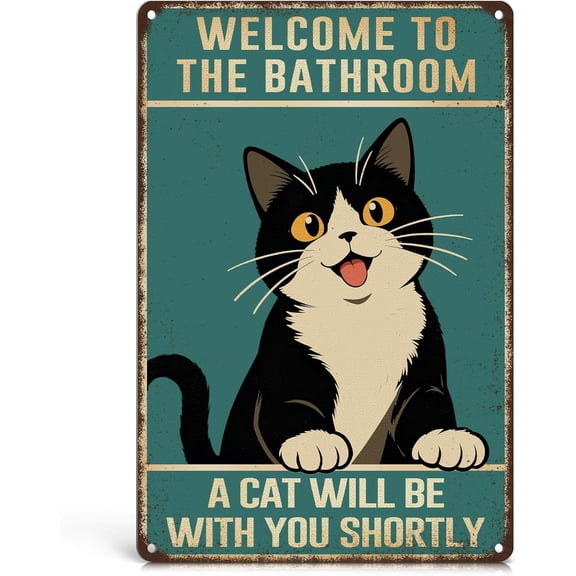 Welcome to the Bathroom A Cat Will Be with You Shortly - Funny Bathroom Signs Decor - Black cat lover gifts for women - Funny Metal Signs Vintage 12x8 Inch