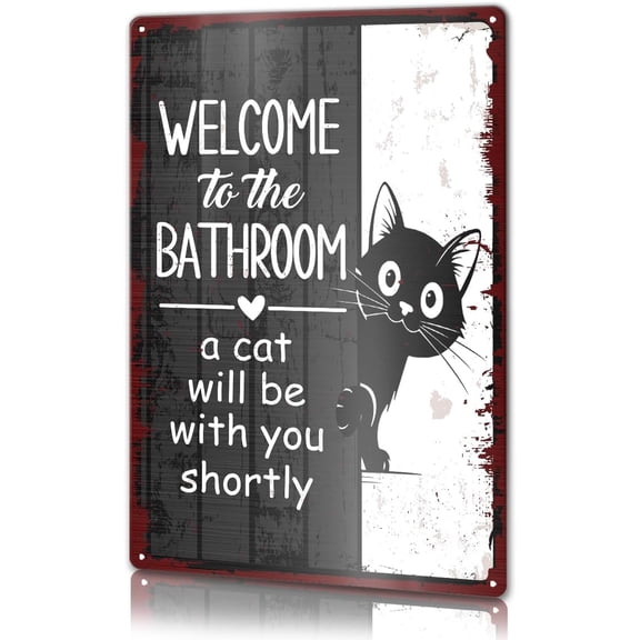 Welcome to The Bathroom A Cat Will Be With You Shotly Metal Sign Bathroom Decor 12 X 8 Inches, Funny Black Cat Bathroom Sign for Restroom Toilet Lavatory