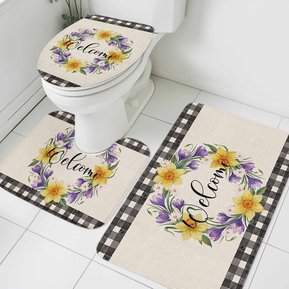 Welcome Bathroom Rugs Set Vintage Purple Yellow Floral Wreath Linen Texture Non Slip Absorbent Soft Bath Mats 3 Piece Set with Bathroom Rug, U-Shaped Floor Mat, Toilet Seat Cover Large Size