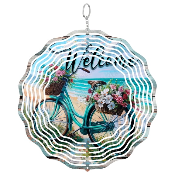 Welcome Beach Bicycle Wind Spinner Metal Outdoor Decor Coastal Garden Teal Multicolor