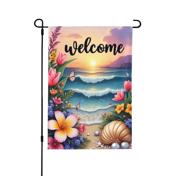Welcome Beach Sunset Garden Flag 12x18 Inch Double Sided Outdoor Decor, Hibiscus Flowers SeaShells Pearl Summer Yard Flag Coastal Ocean Wave Floral House Flag