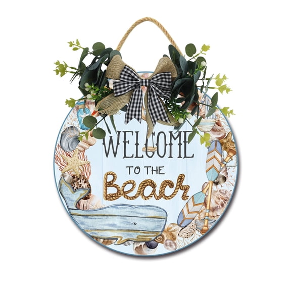 Welcome To The Beach Wooden Front Door Sign Rustic Round Wreath Wall Hanger Porch Decor Spring and Summer Farmhouse Decoration Housewarming Gift 11 Inches